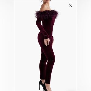 Salima Feather Trim Off the Shoulder Long Sleeve Velvet Jumpsuit: Brown Cherry